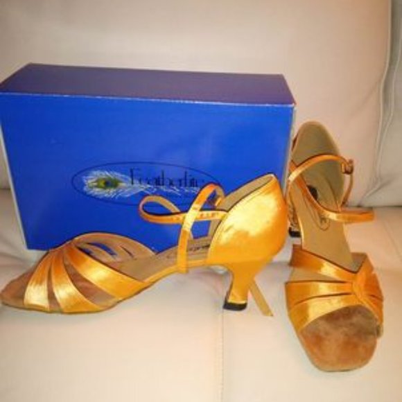 Gold and Tan Dance Heels with Strap and Pointed Toe - Picture 10 of 11